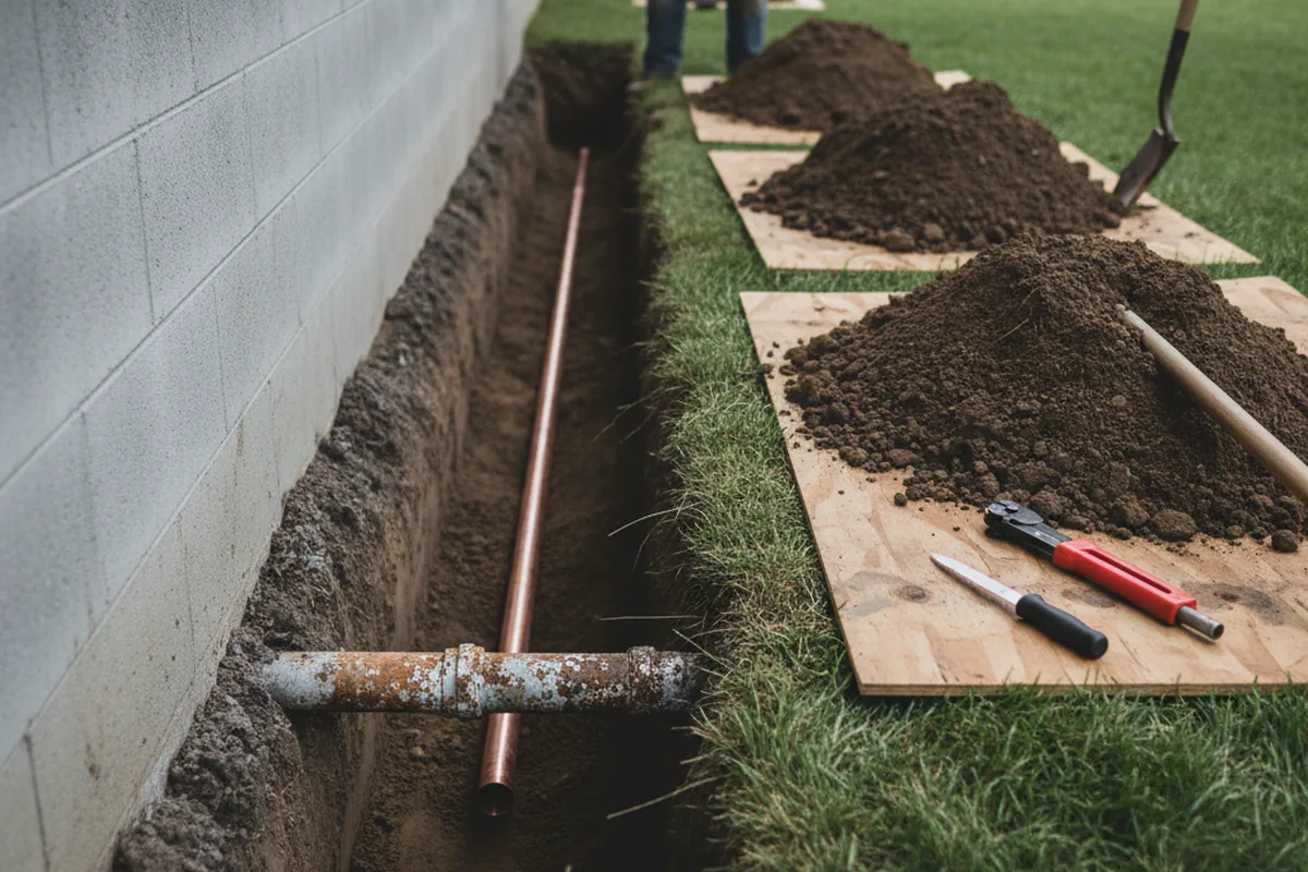 Excavated water line trench during Sewer Line Repair in Kinzers